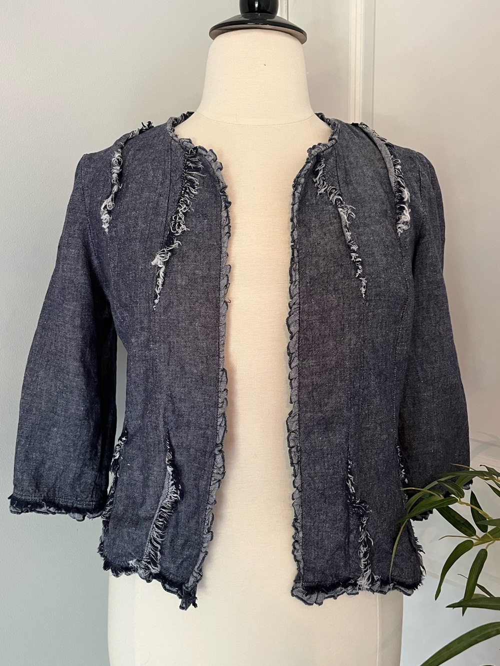 Tribal Linen Blend Denim-look Jacket 3/4 Sleeve Raw Edge Medium
